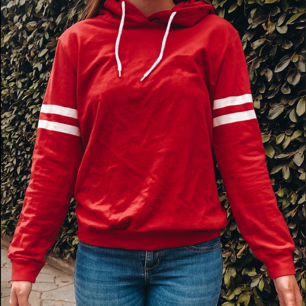 | red + white hoodie